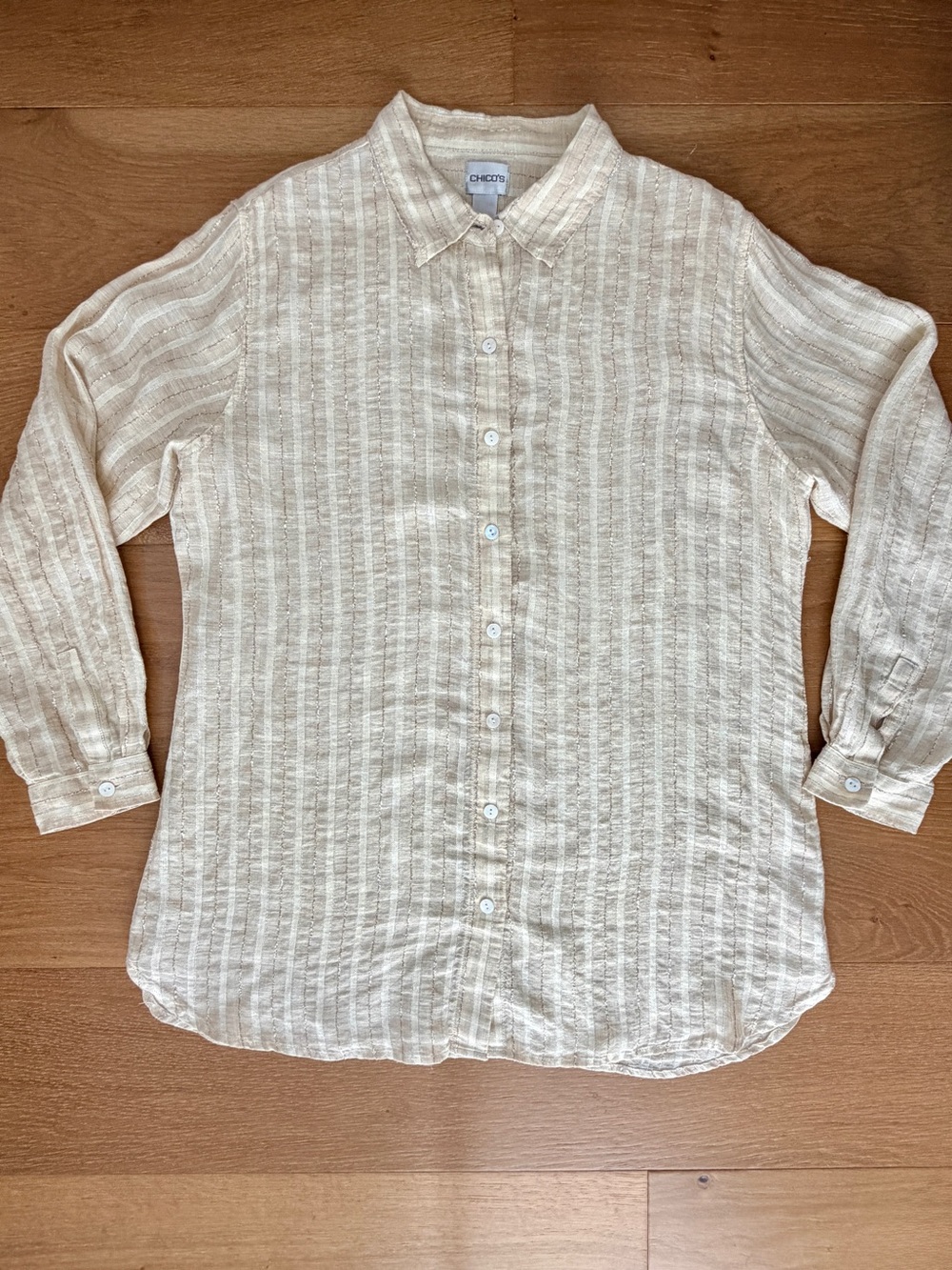 Chico's Linen Gold Metallic Stripe Button Shirt Sz 2/Large Coastal Grandma Work